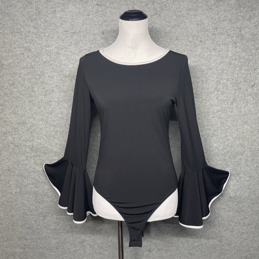 NWT Charmed Hearts Bodysuit Womens M Black White Trim Bell Slv Witchy Whimsigoth